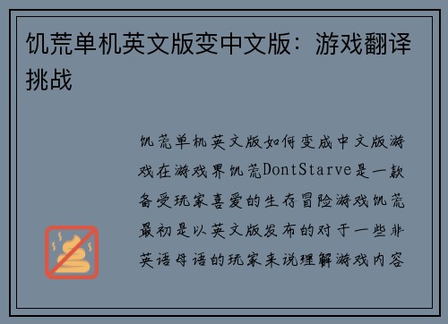 饥荒单机英文版变中文版：游戏翻译挑战